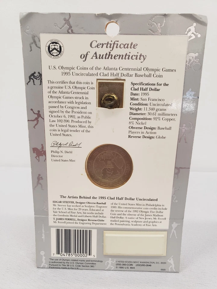 The US Olympic 1995 Half Dollar Coin and 1996 Pin Atlanta Olympic Games Baseball - Image 2 of 4