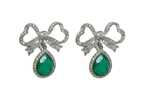 VINTAGE KENNETH JAY LANE EMERALD AND CRYSTAL BOW CLIP ON EARRINGS - Picture 3 of 4