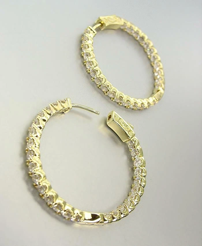 EXQUISITE 18kt Gold Plated Outside Inside CZ Crystals 1 3/4" Hoop Earrings 0311 - Image 3 of 4