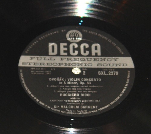 RUGGIERO RICCI SARGENT LSO DVORAK VIOLIN ~ WBG ED1 DECCA STEREO SXL 2279 LP 1961 - Picture 7 of 8