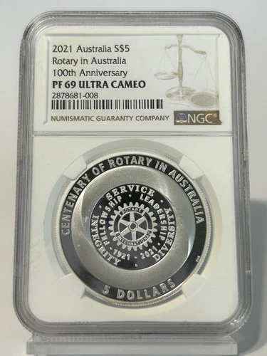 Australia: 2021 $5 1oz Silver Proof Centenary of Rotary Mintage 3,000 NGC PF 69