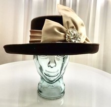 Brown felt wool hat with satin beige trim and rhinestones pin 22"