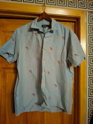 Polo Ralph Lauren Short Sleeve Flag Button Dwn Size L Denim color Look W/ Flags