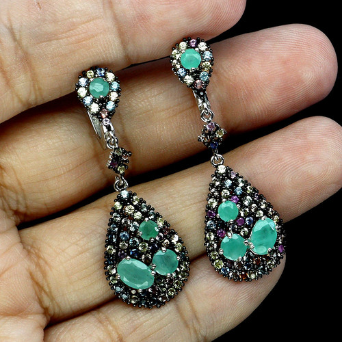 925 Sterling Silver Earrings Oval Emerald 6x4mm Sapphire Gemstone Jewelry - Picture 2 of 14