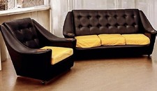 Black Mid Century 3 Seater Settee Sofa & Matching Armchair.