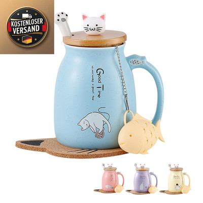 Katzenmug 380 ml Holzverschluss Tassenbecher Kaffeebecher