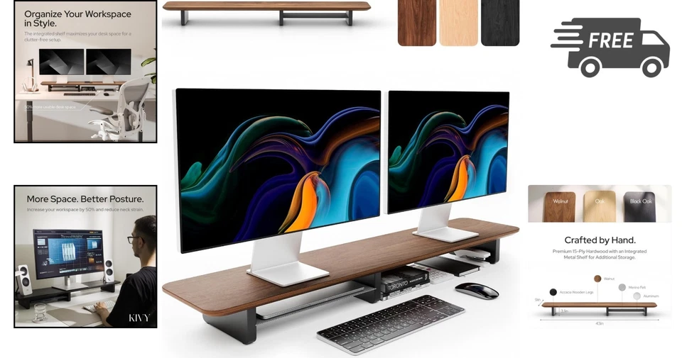 Dual Monitor Riser with Metal Shelf Wooden Desk Stand for 2 Monitors Walnut - Image 2 of 4