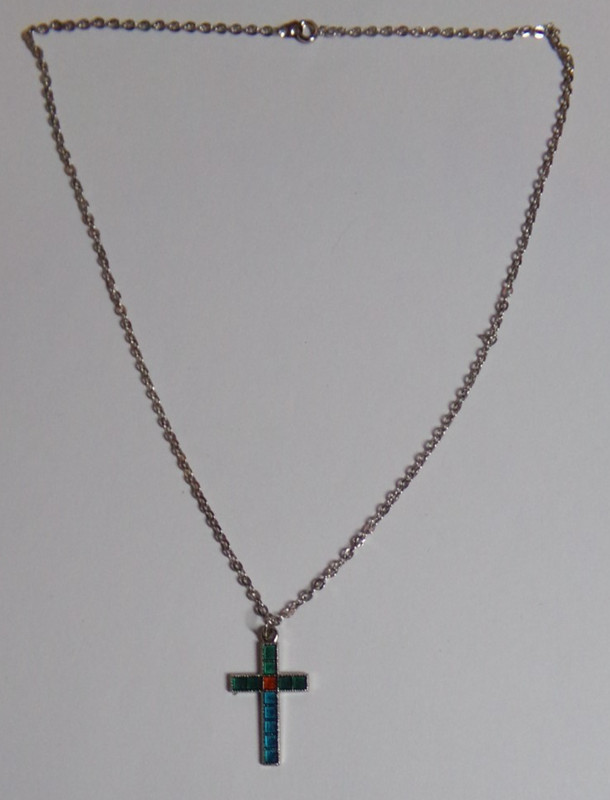 Vintage Blue, Orange & Green On Silver Tone Cross Pendant On 20" Necklace