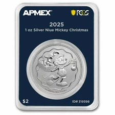 2025 Niue 1 oz Silver $2 Mickey Christmas (MD® Premier + PCGS FS)