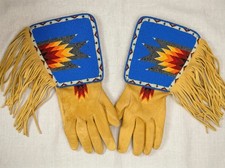 Hand-Beaded Suede Gauntlet Gloves  Native-American Fringed Leather Gloves