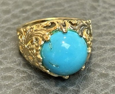 UTC Sterling Silver 925 Ornate Vermeil Ring Turquoise Color Cabochon Size 6
