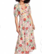 Old Navy XL Floral Linen Blend Maxi Dress Pink Cutout Tie Back Puff Sleeve 