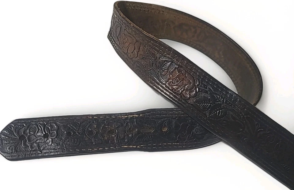 Cinturón Hippie Rosas Cuero Tooled Vintage Años 60 70 Hebilla de Latón Festival Grunge  Foto 4 de 4