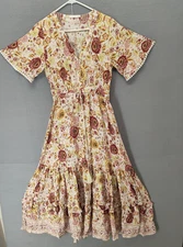 R.Vivimos Dress Womens Small Pink Yellow Floral Boho Maxi Tiered Tassel Summer