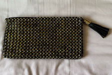 BIBA Black & Gold Woven Leather Zip Clutch Bag Tassel & Dust Bag
