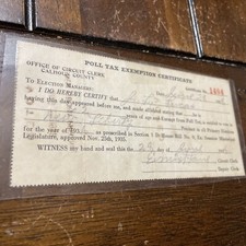 1938 Poll Tax Exemption Certificate Circuit Office Calhoun County Mississippi