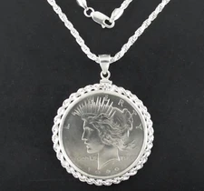 Coin Jewelry Gift Set AU Peace Silver Dollar Sterling Silver Rope Bezel Chain