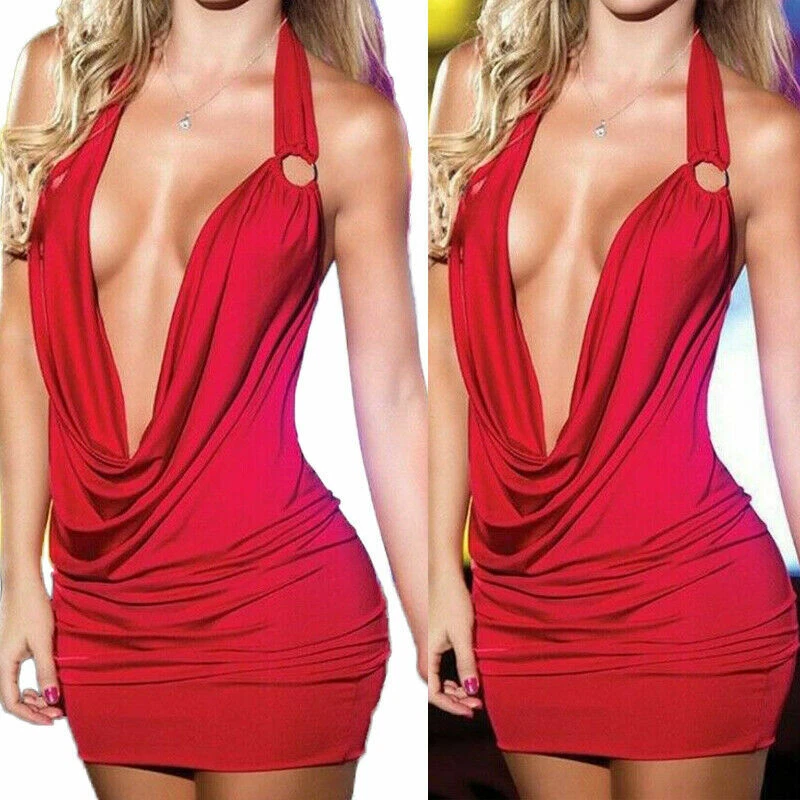 Sexy Women Deep V Neck Mini Dress Backless Bodycon Halterneck