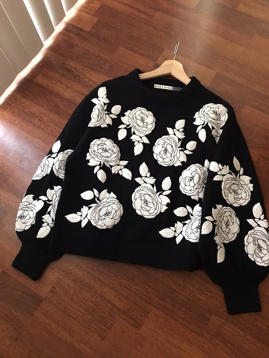 NWOT Alice + Olivia Carwen Rose Embroidery Blouson Sleeve Pullover Sweater  S | eBay