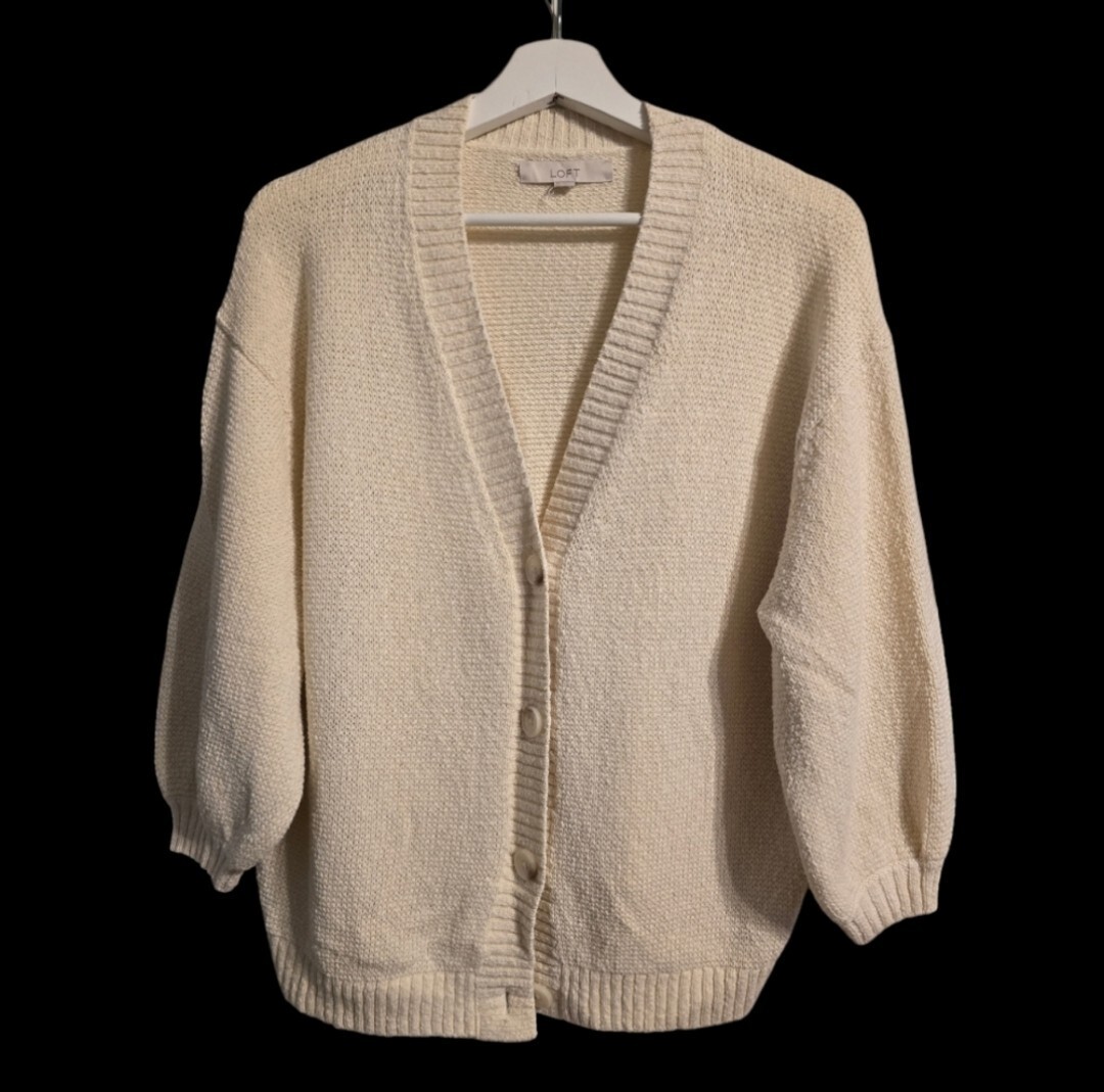 Bohemian Beige Marled LOFT Cardigan with ¾ Balloon Sleeves & Button Front in Women's XLarge-image