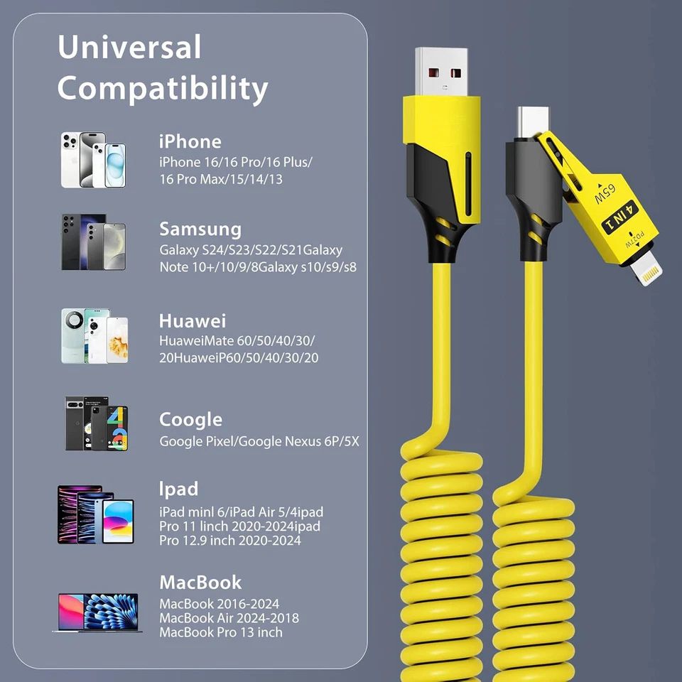 Cabo de carregamento 4 em 1 multi USB 65W carregamento rápido enrolado USB C cabo carregador - Imagem 3 de 4
