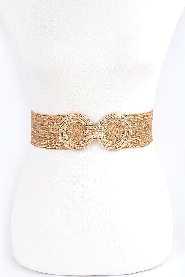 BNWT Gold Metallic Straw Textured Metal Buckle Elastic 