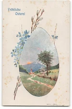 Postcard Frohliche Ostern! Egg Home Scene Mountain Sundown VTG ME8.