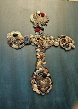 VTG OOAK Costume Jewelry Mixed Media Art Cross on Canvas Wall Hanging 20" X 16"