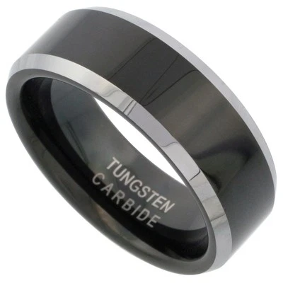 8mm Schwarz Wolfram Flacher Ehering, Zweifarbig Gefaste Kanten Komfort Passform - Bild 1 von 2