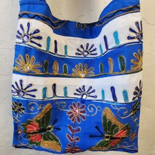 Woven Handcrafted Bag In Traditional Butterflies Flowers Blue And White Colorful