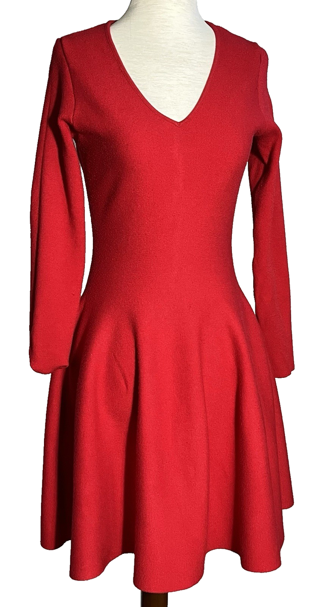 RVN Women's Fit and Flare Dress Size M Red Knit Long Sleeve Pull Over V  Neck | eBay