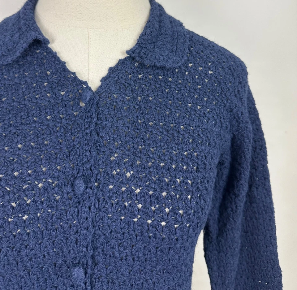 复古 90 年代钩针开衫毛衣女式 XS 海军蓝开放式针织波西米亚波西米亚 — 第 3/4 张图片