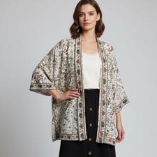 Max Studio Cream Paisley Open Kimono with Multi-Color Accents