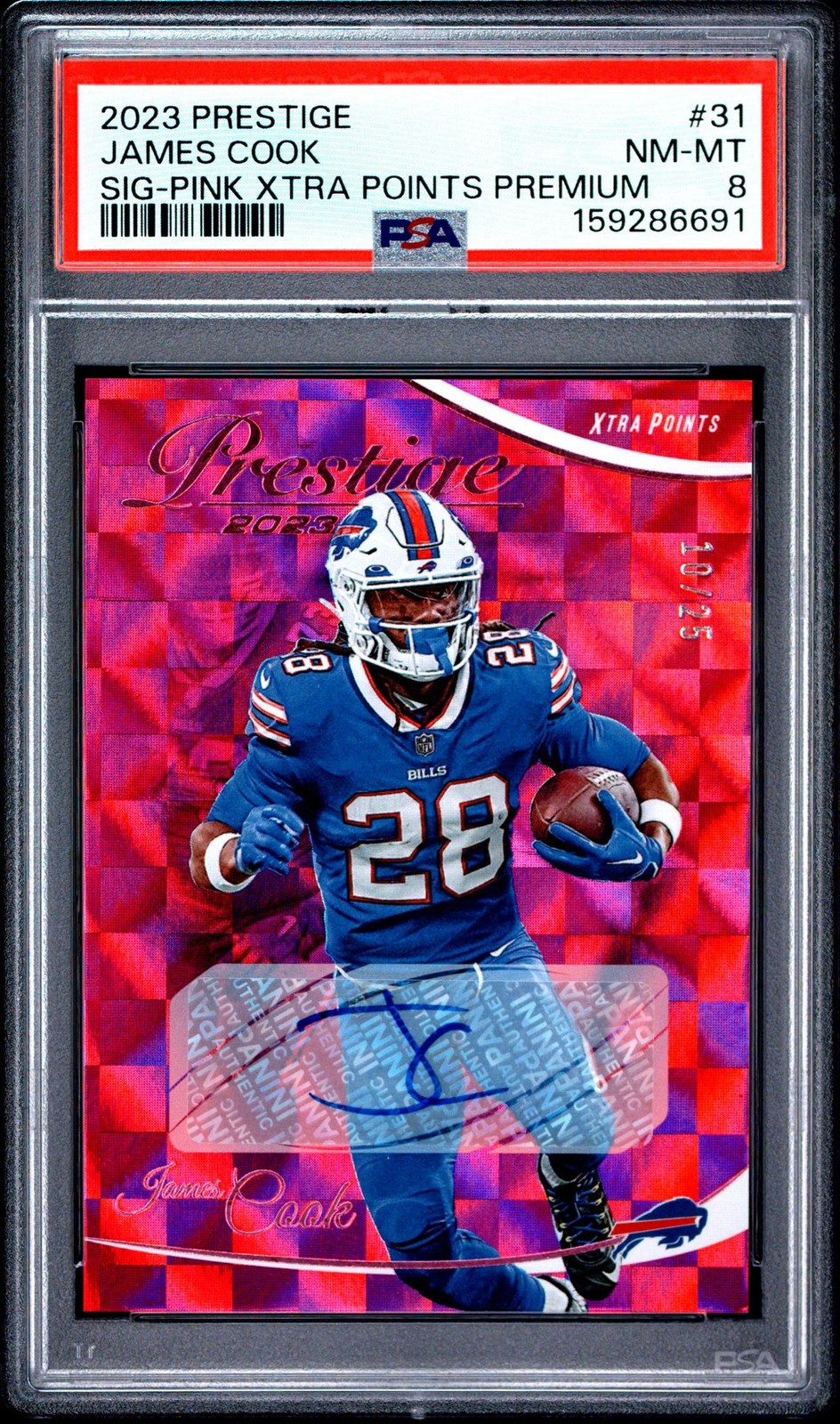 2023 Panini Prestige Signature Pink Xtra Points Auto /25 James Cook PSA 8 Bills