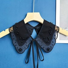 Women  s Organza Embroidered Pearl Fake Collar Black Beaded Tie Decorative Shawl