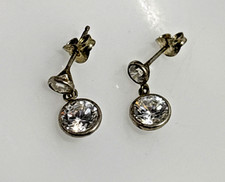 925 STERLING SILVER ROUND BEZEL CUBIC ZIRCONIA DOUBLE DROP EARRINGS 2BB