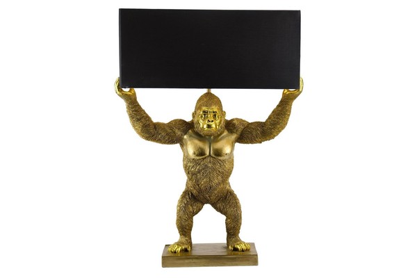 Tischlampe Polyresin Stoff 50 Cm Affe Schwarz Gold Handarbeit E27 Tischleuchte-image