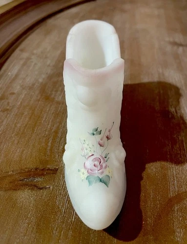 Fenton Hand Painted Milk Glass Shoe Figurine White Pink Floral Signed S. Barnett