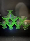 8 Vintage Green Uranium Depression Glass Block Optic Pedestal Sherbet Bowls
