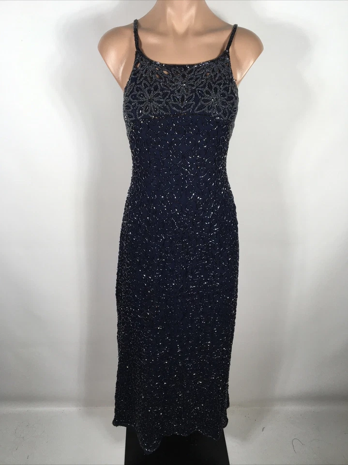 Vintage Stunning Scala Long Silk Beaded Open Sequin Square Neck Blue Gown sz M - Image 2 of 4
