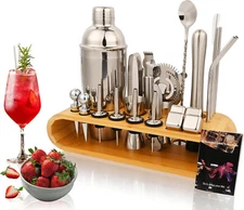 Bartender Kit Cocktail Shaker 26-Piece Stainless Steel Set With Wooden Stand