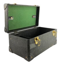 Vtg Hinged Black Trunk Carrying Handle Buckle Closure Vinyl Reinforced Corners