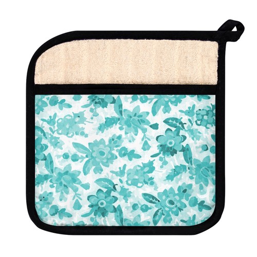 Teal Floral Pot Holder with Pocket - Picture 2 of 5