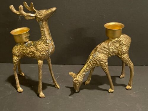 Vintage Brass Reindeer Figurine Candle Holders 5 1/2” Set of 2 - Afbeelding 1 van 11