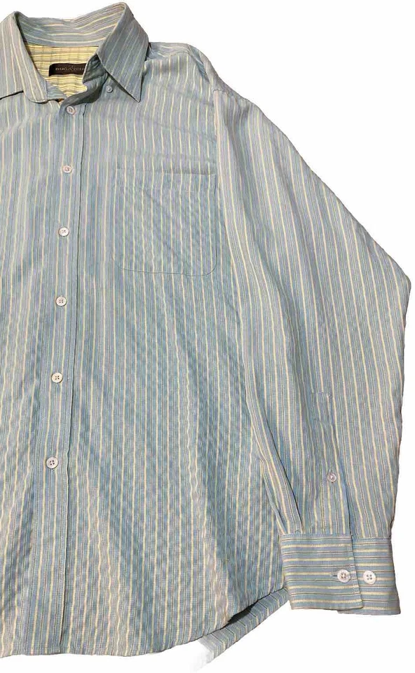 Camisa masculina BUGATCHI clássica listrada azul e amarela manga longa com botões grande - Imagem 2 de 4