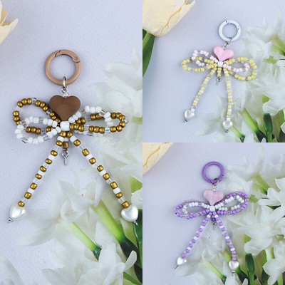 Fashion Cute Heart Beaded Bow Key Ring Backpack Decoration Phone Pendant Gifts