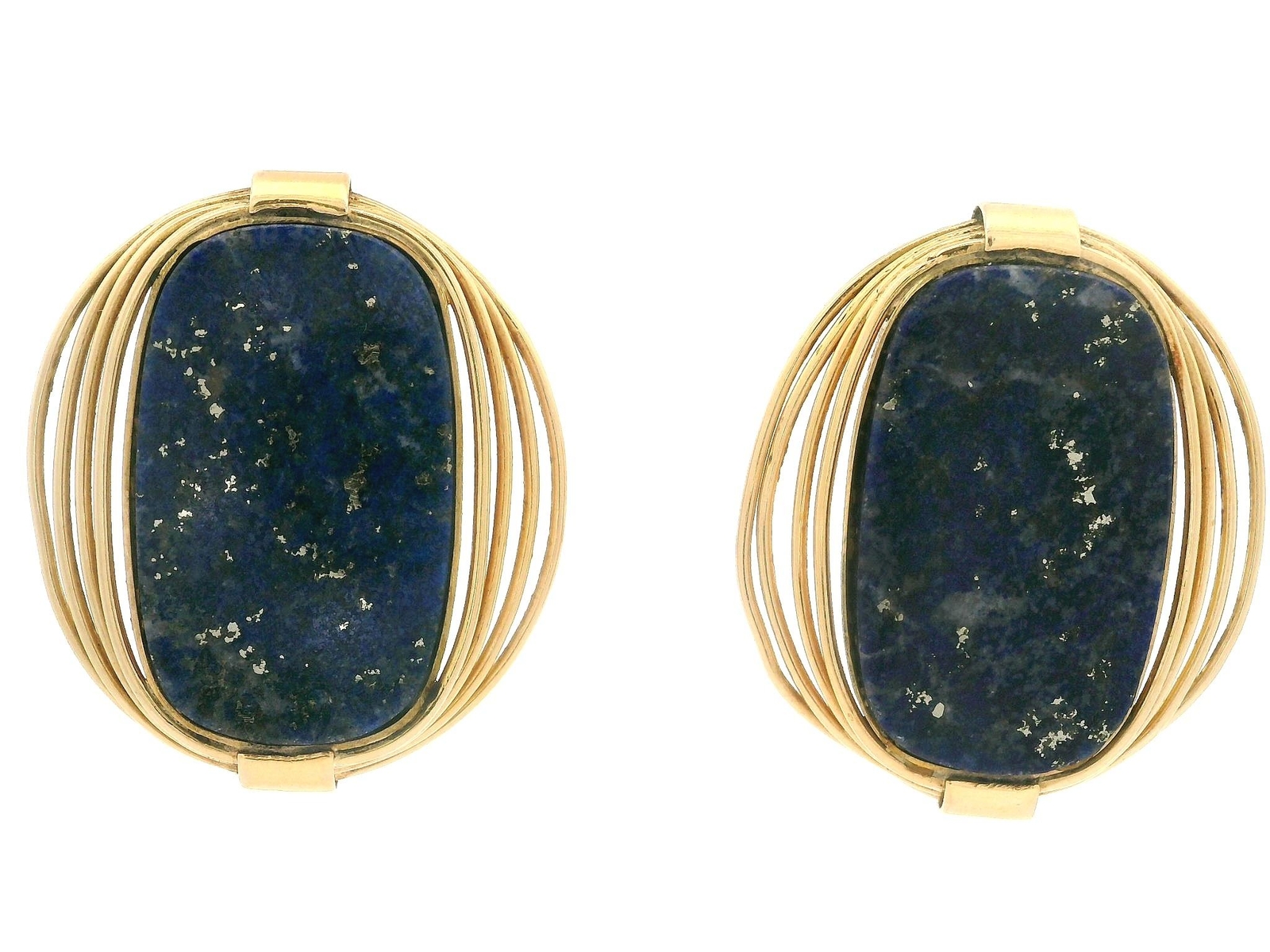 European Yellow Gold Inlaid Lapis Handmade Wire Work Large Omega Earrings