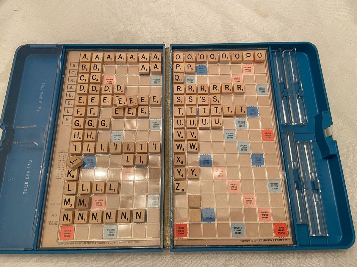 1976 SCRABBLE Travel Set Blue Plastic Case Original Rules Complete