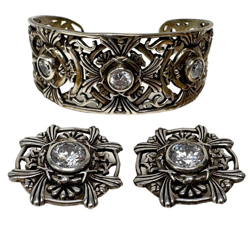 Orecchini Clip Bracciale Vintage Tono Argento Lavoro Aperto Filigrana Incorporato Strass - Foto 2 di 14