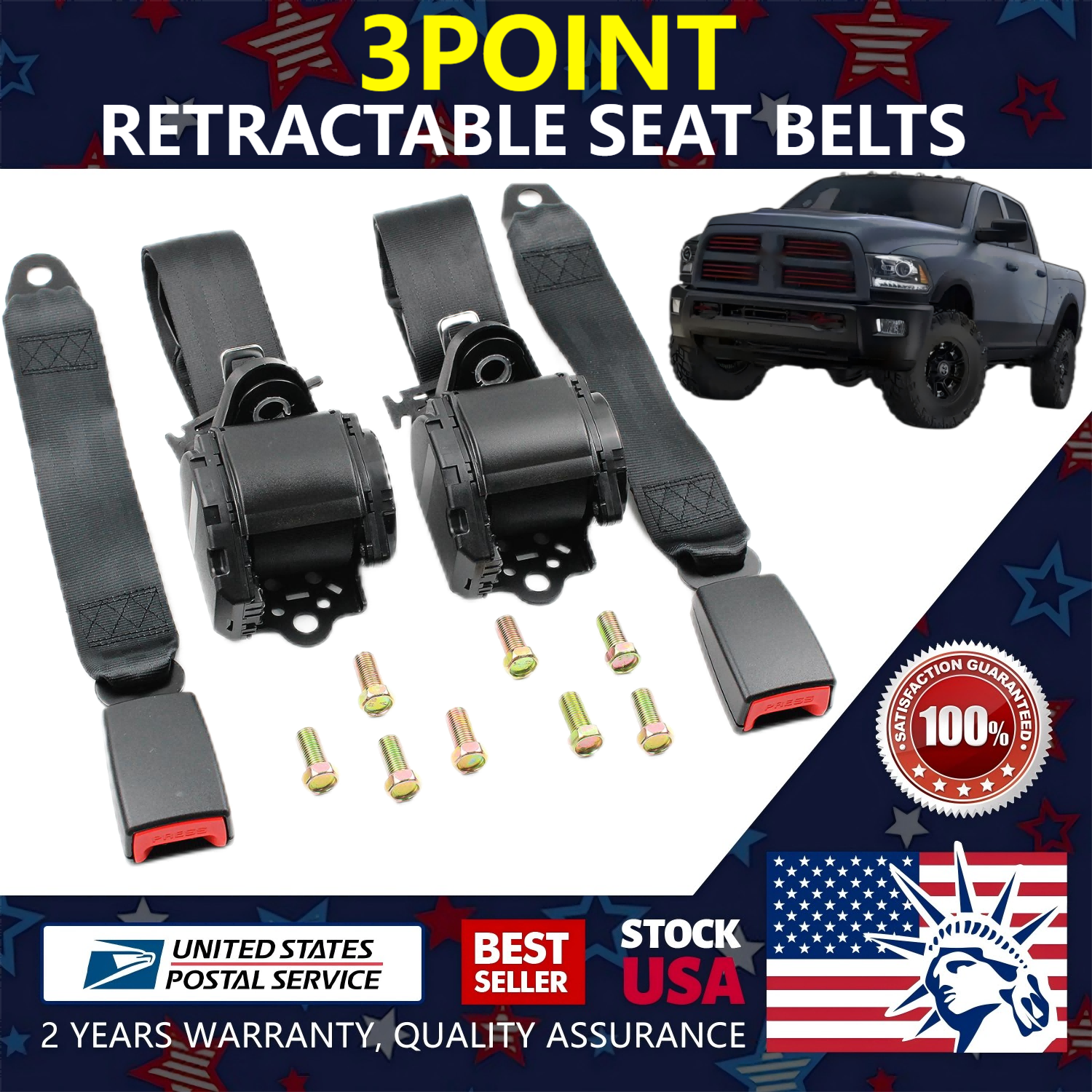 2 set 3 Point Retractable Car Safety Seat Belt Kit Adjustable For Dodge Ram